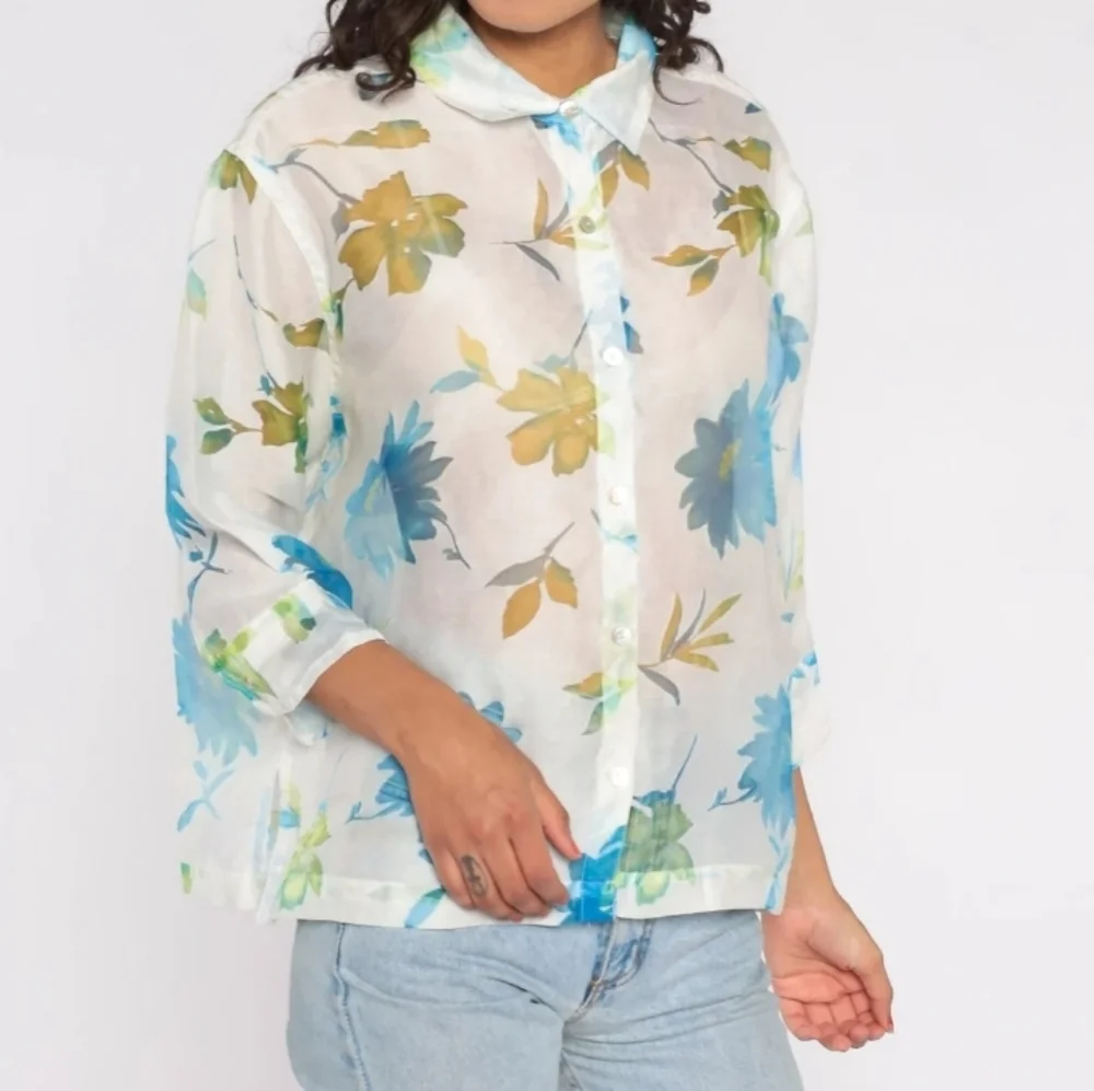 Notations Blouse Y2K Sheer Floral Button Down Blouse White Size XL - Picture 15 of 16